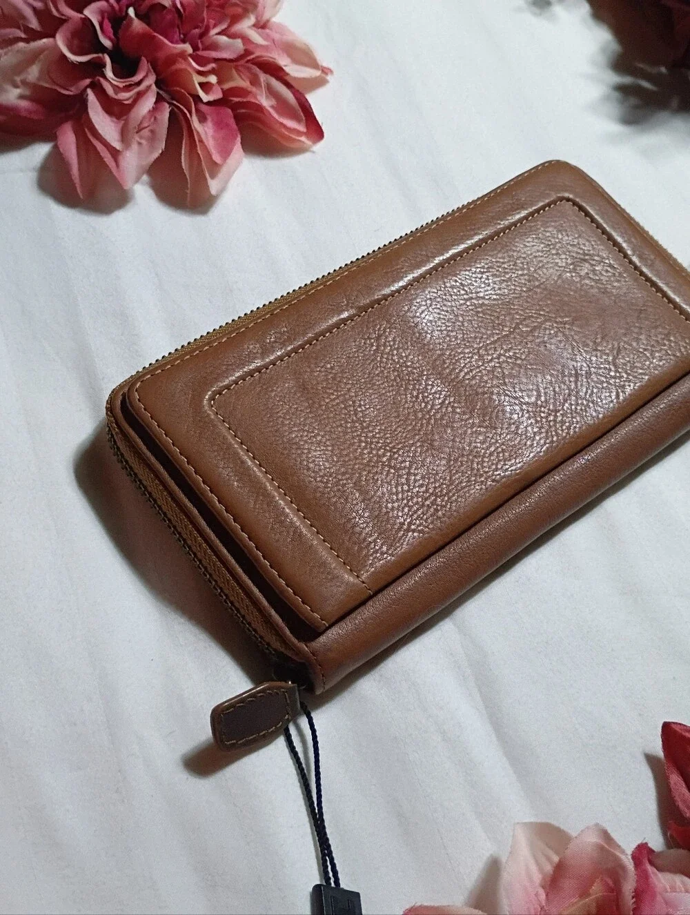 Brown Leather Zip Wallet With Flannel Lining